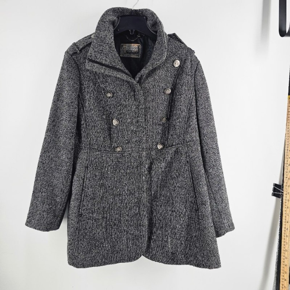 Guess Pea Coat Women 2X BlackWhite Wool Blend Tweed Military Style Double Breast